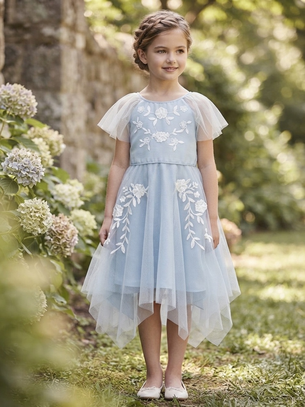 Light Blue Tulle Floral Girls' Dress